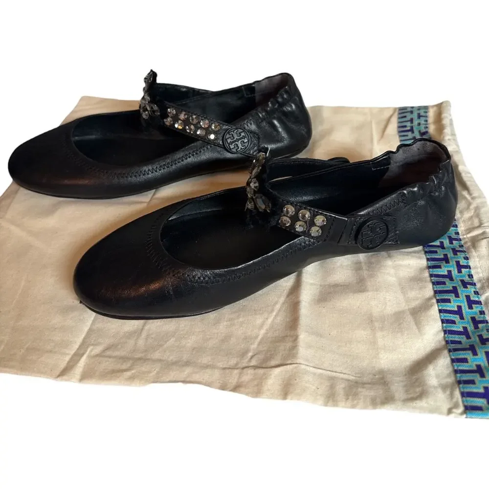 Tory Burch Black Leather Crystal Convertible Mary Jane Ballet Flats Size 8 EUC